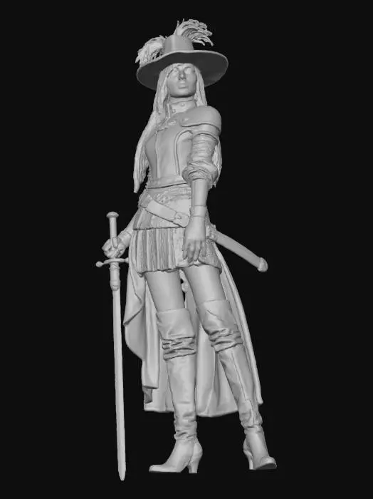 3D model for create a female musketeer with a sword in her hand, a fencing sword, and a flintlock pistol in her belt. Make the sword thin and opulent and make the pistol visible.