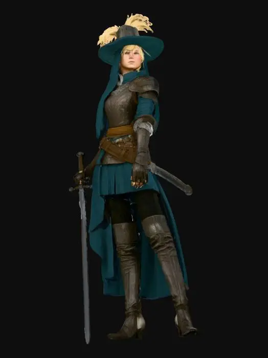 3D model for create a female musketeer with a sword in her hand, a fencing sword, and a flintlock pistol in her belt. Make the sword thin and opulent and make the pistol visible.
