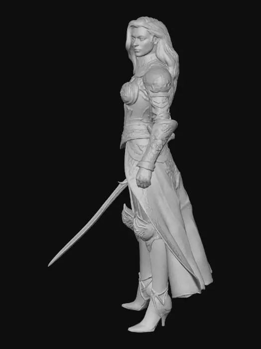 3D model for create a female musketeer with a sword in her hand, a fencing sword, and a flintlock pistol in her belt. Make the sword thin and opulent and make the pistol visible.