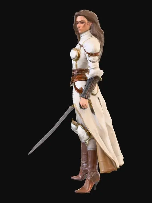 3D model for create a female musketeer with a sword in her hand, a fencing sword, and a flintlock pistol in her belt. Make the sword thin and opulent and make the pistol visible.