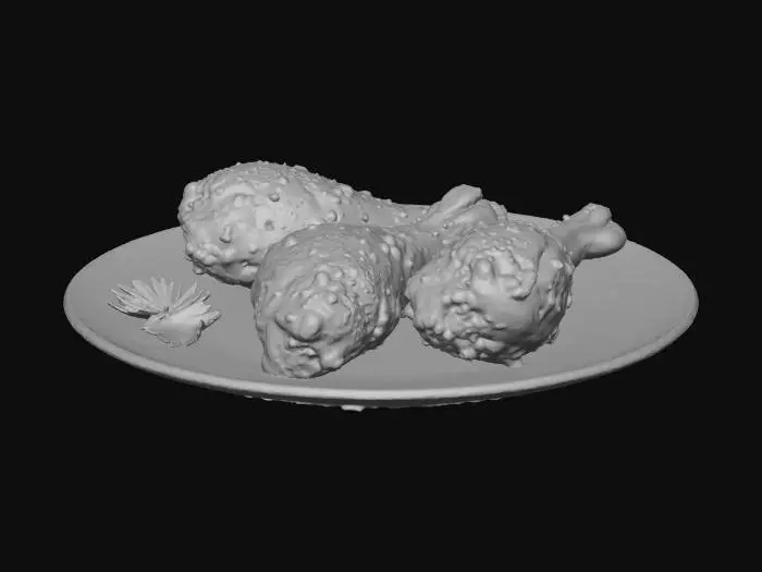 3D model for Hyper-realistic plated meal: white ceramic plate holding 3 deep-fried battered chicken drumsticks. Plate: glossy glaze with subtle speckles and faint utensil micro-scratches, soft rim highlights. Drumsticks: thick crunchy batter with irregular ridges and bubbles, golden-brown with darker crisp spots, visible flaky crumbs, slight oil sheen, tiny salt crystals; natural shape and size variation, overlapping with realistic contact compression. Add a few loose crispy crumbs on plate and a small grease spot/puddle beneath one drumstick; faint steam wisps. Optional garnish: small parsley sprig (optional). PBR-ready: clean UVs, hi-res textures, accurate ceramic roughness, SSS for meat under batter, micro-normal for batter pores and crunch texture. Neutral studio lighting, centered asset, no hands/