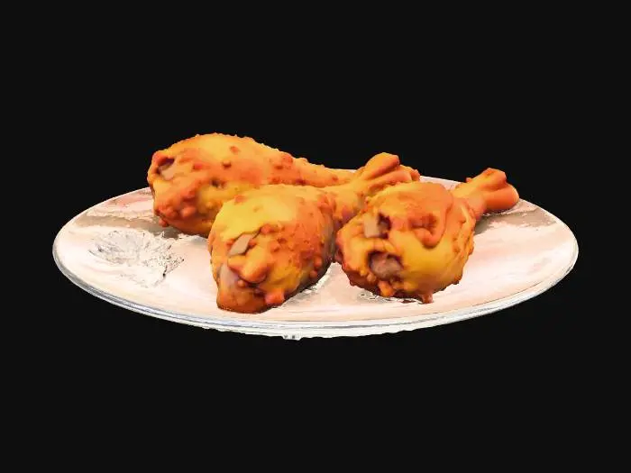 3D model for Hyper-realistic plated meal: white ceramic plate holding 3 deep-fried battered chicken drumsticks. Plate: glossy glaze with subtle speckles and faint utensil micro-scratches, soft rim highlights. Drumsticks: thick crunchy batter with irregular ridges and bubbles, golden-brown with darker crisp spots, visible flaky crumbs, slight oil sheen, tiny salt crystals; natural shape and size variation, overlapping with realistic contact compression. Add a few loose crispy crumbs on plate and a small grease spot/puddle beneath one drumstick; faint steam wisps. Optional garnish: small parsley sprig (optional). PBR-ready: clean UVs, hi-res textures, accurate ceramic roughness, SSS for meat under batter, micro-normal for batter pores and crunch texture. Neutral studio lighting, centered asset, no hands/
