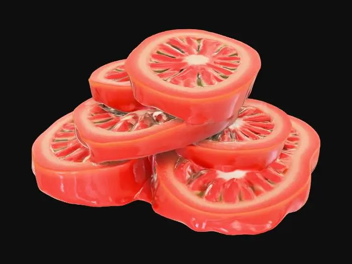 3D model for Hyper-realistic pile of tomato slices (no plate, no ground, no environment—object only). 8–12 slices stacked and overlapping in a messy heap; varied thickness, some half-slices and edge pieces. Flesh: translucent red/orange gradients, wet glossy surface, visible cell texture, tiny bubbles, juice sheen, and a few drips connecting slices. Seeds and gel: realistic seed pockets with glossy gel strands, slight pooling between slices. Skin edge: thin darker red rim with micro-texture and faint pores. Add slight curl on some slices, small tears, irregular cut marks, and compression where slices touch. Include a few loose seeds and tiny pulp bits floating between layers (no spill beyond model). PBR-ready: clean UVs, hi-res textures, accurate subsurface scattering, wet specular roughness variation,