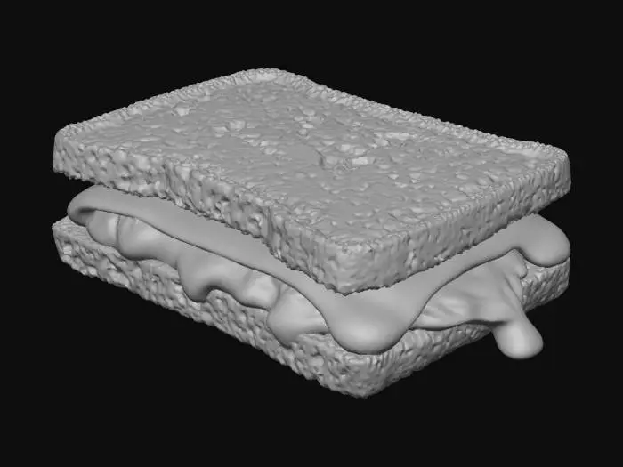 3D model for Hyper-realistic peanut butter & jelly sandwich on white bread, cut diagonally into two halves on a plain surface or simple plate. Soft white bread with fine crumb, slightly compressed edges, faint toast-free pale color, a few crumbs scattered. Thick peanut butter layer: creamy with swirls and knife ridges, slight oil sheen. Grape or strawberry jelly: glossy translucent, uneven spread with small fruit bits, slight seep at edges, a tiny drip on one corner. Jelly and PB slightly squish at the cut line, showing layered cross-section. Add subtle fingerprints/knife smear marks on crust, light moisture spotting where jelly touches bread. PBR-ready: clean UVs, hi-res textures, accurate roughness/SSS for bread, sticky specular for jelly, micro-normal for crumb and spread ridges. Neutral studio ligh