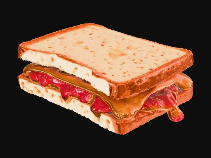 3D model for Hyper-realistic peanut butter & jelly sandwich on white bread, cut diagonally into two halves on a plain surface or simple plate. Soft white bread with fine crumb, slightly compressed edges, faint toast-free pale color, a few crumbs scattered. Thick peanut butter layer: creamy with swirls and knife ridges, slight oil sheen. Grape or strawberry jelly: glossy translucent, uneven spread with small fruit bits, slight seep at edges, a tiny drip on one corner. Jelly and PB slightly squish at the cut line, showing layered cross-section. Add subtle fingerprints/knife smear marks on crust, light moisture spotting where jelly touches bread. PBR-ready: clean UVs, hi-res textures, accurate roughness/SSS for bread, sticky specular for jelly, micro-normal for crumb and spread ridges. Neutral studio ligh