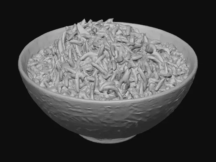 3D model for Hyper-realistic bowl of freshly cooked rice. Ceramic bowl with subtle glaze texture and tiny speckles, filled with fluffy white rice: distinct glossy grains, soft clumping, slight stickiness, steam wisps rising, a few grains stuck to inner rim. Add condensation droplets on bowl rim, soft contact shadow under bowl. PBR-ready: clean UVs, hi-res textures, accurate ceramic roughness, subsurface/SSS for rice, micro-normal for grain detail. Neutral studio lighting, centered asset, no hands/extra props. Avoid cartoon/low-poly, blurry textures, watermarks, background scene.