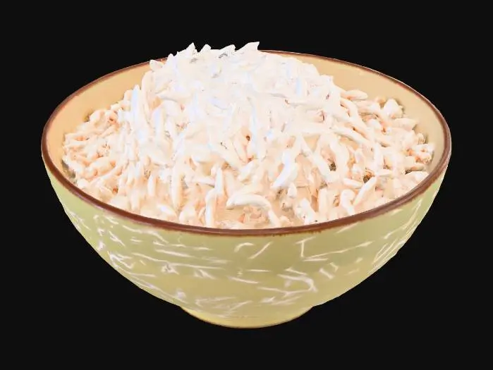 3D model for Hyper-realistic bowl of freshly cooked rice. Ceramic bowl with subtle glaze texture and tiny speckles, filled with fluffy white rice: distinct glossy grains, soft clumping, slight stickiness, steam wisps rising, a few grains stuck to inner rim. Add condensation droplets on bowl rim, soft contact shadow under bowl. PBR-ready: clean UVs, hi-res textures, accurate ceramic roughness, subsurface/SSS for rice, micro-normal for grain detail. Neutral studio lighting, centered asset, no hands/extra props. Avoid cartoon/low-poly, blurry textures, watermarks, background scene.