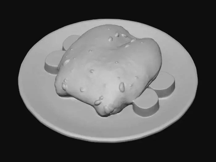 3D model for Hyper-realistic fresh cooked chicken breast on a white ceramic plate with a side of sliced buttered carrots. Plate: glossy white glaze with subtle speckles and faint utensil micro-scratches, soft rim highlights. Chicken: boneless breast, lightly browned sear patches, visible grill/ pan marks (subtle), moist sheen, fine muscle grain, slight resting juice puddle, tiny pepper/salt seasoning. Carrots: bright orange slices, tender look with slight translucency, coated in melted butter with glossy sheen, a few parsley flecks, small butter pool near edge. Add gentle steam wisps, realistic crumbs and sauce smears. PBR-ready: clean UVs, hi-res textures, accurate ceramic roughness, SSS for chicken/carrots, micro-normal for meat fibers and carrot surfaces. Neutral studio lighting, centered asset, no