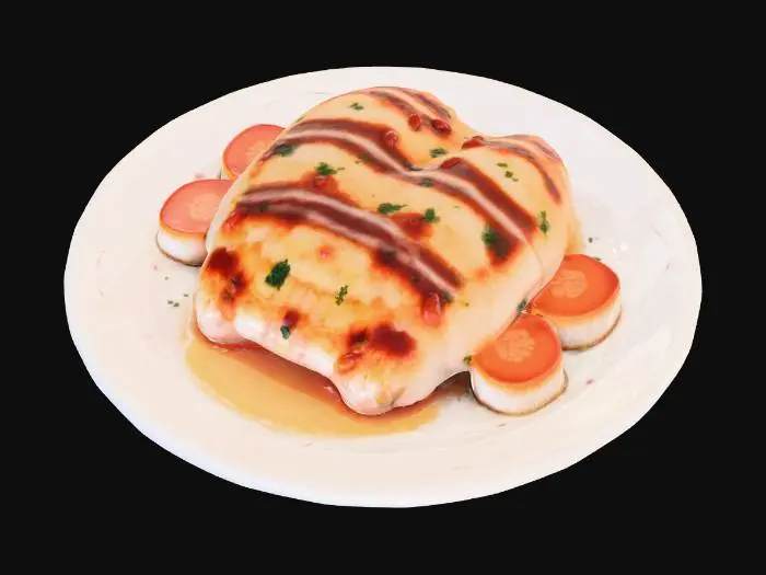 3D model for Hyper-realistic fresh cooked chicken breast on a white ceramic plate with a side of sliced buttered carrots. Plate: glossy white glaze with subtle speckles and faint utensil micro-scratches, soft rim highlights. Chicken: boneless breast, lightly browned sear patches, visible grill/ pan marks (subtle), moist sheen, fine muscle grain, slight resting juice puddle, tiny pepper/salt seasoning. Carrots: bright orange slices, tender look with slight translucency, coated in melted butter with glossy sheen, a few parsley flecks, small butter pool near edge. Add gentle steam wisps, realistic crumbs and sauce smears. PBR-ready: clean UVs, hi-res textures, accurate ceramic roughness, SSS for chicken/carrots, micro-normal for meat fibers and carrot surfaces. Neutral studio lighting, centered asset, no