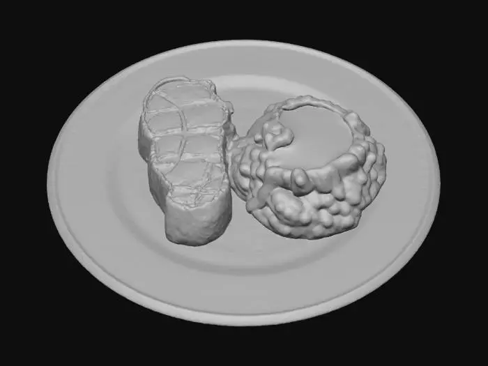 3D model for Hyper-realistic dinner plate with freshly cooked New York strip steak and mashed potatoes with brown gravy. White ceramic plate with subtle glaze and tiny speckles, faint utensil micro-scratches. Steak: seared crust with char marks, rendered fat cap, medium-rare interior hints at edges, resting juices, light oil sheen, pepper/salt texture. Mashed potatoes: creamy peaks and butter gloss, gravy pooled on top and streaking down, slight steam wisps. Fork: stainless, tines partially slid under the steak from the side, reflecting warm highlights; tiny sauce smears on tips. Add realistic crumbs, salt flakes, and a small juice puddle near steak. PBR-ready: clean UVs, hi-res textures, accurate ceramic roughness, metal reflections, SSS for food, micro-normal for meat fibers and mash peaks. Neutral s