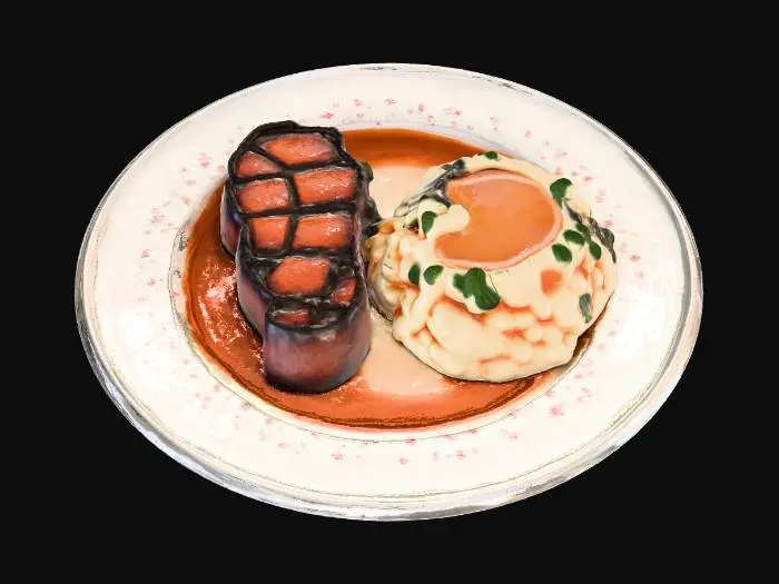 3D model for Hyper-realistic dinner plate with freshly cooked New York strip steak and mashed potatoes with brown gravy. White ceramic plate with subtle glaze and tiny speckles, faint utensil micro-scratches. Steak: seared crust with char marks, rendered fat cap, medium-rare interior hints at edges, resting juices, light oil sheen, pepper/salt texture. Mashed potatoes: creamy peaks and butter gloss, gravy pooled on top and streaking down, slight steam wisps. Fork: stainless, tines partially slid under the steak from the side, reflecting warm highlights; tiny sauce smears on tips. Add realistic crumbs, salt flakes, and a small juice puddle near steak. PBR-ready: clean UVs, hi-res textures, accurate ceramic roughness, metal reflections, SSS for food, micro-normal for meat fibers and mash peaks. Neutral s