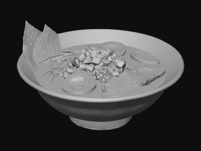 3D model for Hyper-realistic fresh cooked ramen bowl. Ceramic bowl with subtle glaze texture and tiny speckles, filled with steaming ramen: glossy broth with light oil sheen, floating scallions, soft-boiled egg halves, sliced pork or tofu, nori sheet, bamboo shoots. Noodles: slightly tangled, wet shine, varied strand thickness, natural clumping and drape. Chopsticks inserted into noodles and resting on bowl rim at an angle; lacquered wood with fine grain, slight sauce smears, wet tips. Add steam wisps, condensation droplets on bowl edge, a few splashes/rings of broth on inner rim. Realistic lighting and soft contact shadows; no hands/props besides chopsticks. PBR-ready: clean UVs, hi-res textures, accurate ceramic roughness, subsurface/SSS for food, micro-normal for noodles and garnishes. Neutral studi