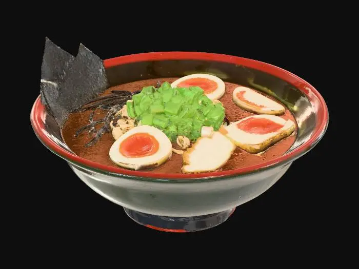 3D model for Hyper-realistic fresh cooked ramen bowl. Ceramic bowl with subtle glaze texture and tiny speckles, filled with steaming ramen: glossy broth with light oil sheen, floating scallions, soft-boiled egg halves, sliced pork or tofu, nori sheet, bamboo shoots. Noodles: slightly tangled, wet shine, varied strand thickness, natural clumping and drape. Chopsticks inserted into noodles and resting on bowl rim at an angle; lacquered wood with fine grain, slight sauce smears, wet tips. Add steam wisps, condensation droplets on bowl edge, a few splashes/rings of broth on inner rim. Realistic lighting and soft contact shadows; no hands/props besides chopsticks. PBR-ready: clean UVs, hi-res textures, accurate ceramic roughness, subsurface/SSS for food, micro-normal for noodles and garnishes. Neutral studi