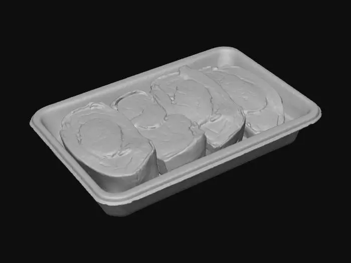 3D model for Hyper-realistic New York strip steak tray pack (generic supermarket). White polystyrene foam tray with raised lip, absorbent pad, 1–2 NY strip steaks: deep red muscle with visible fat cap, fine marbling, slight moisture sheen, clean cut edges. Tight clear cling film wrap: stretched, crinkled corners, seal wrinkles, tiny trapped air bubbles, subtle condensation, realistic glare/distortion over meat. Front label sticker with placeholders: “BIG-BOX GROCERY”, cut name “NEW YORK STRIP STEAK”, weight, price/lb, total price, packed-on/sell-by dates, safe handling box, barcode+QR (fake), lot code, small icons. Sticker edges slightly lifted, micro-wrinkles, adhesive bleed. Minor wear: fingerprints, dust specks, light tray scuffs. PBR-ready: clean UVs, hi-res textures, correct plastic transmission/r