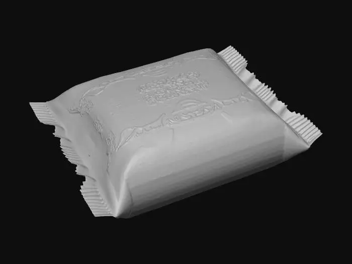 3D model for Hyper-realistic instant ramen brick packet branded “MANURAN RAMEN” (original/parody design; do not match any real brand trade dress). Crinkled glossy plastic film wrapper with heat-sealed edges, tight corners, tiny stretch lines, micro-scratches, fingerprints, dust specks, slight tear notch. Front art: appetizing bowl of noodles with garnish (scallions/egg/meat) and bold flavor badge (e.g., “CHICKEN”). Bright color palette with custom typography, small mascot noodle character (original), “NET WT” line, serving suggestions. Back: readable microtext blocks—ingredients, nutrition facts panel, barcode, recycling icons, cooking instructions pictograms, lot/exp inkjet stamp. Subtle print grain/halftone, seam overlap, minor rub-wear on creases. Slight bulge showing the noodle brick shape beneath