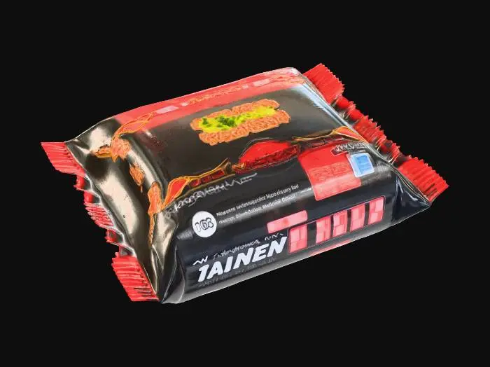 3D model for Hyper-realistic instant ramen brick packet branded “MANURAN RAMEN” (original/parody design; do not match any real brand trade dress). Crinkled glossy plastic film wrapper with heat-sealed edges, tight corners, tiny stretch lines, micro-scratches, fingerprints, dust specks, slight tear notch. Front art: appetizing bowl of noodles with garnish (scallions/egg/meat) and bold flavor badge (e.g., “CHICKEN”). Bright color palette with custom typography, small mascot noodle character (original), “NET WT” line, serving suggestions. Back: readable microtext blocks—ingredients, nutrition facts panel, barcode, recycling icons, cooking instructions pictograms, lot/exp inkjet stamp. Subtle print grain/halftone, seam overlap, minor rub-wear on creases. Slight bulge showing the noodle brick shape beneath