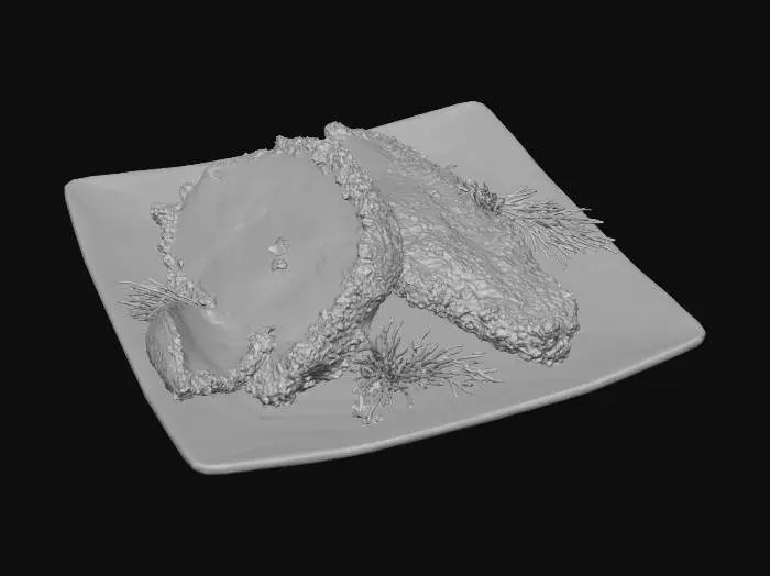 3D model for Hyper-realistic 3D food asset: 2–3 fried breaded cod fillets on a white square ceramic plate with subtle glossy glaze. Breading deep golden, crunchy, uneven panko-like crumb with tiny darker flecks, jagged crisp edges, light oil sheen. One fillet has a small flaked break revealing moist white cod inside (clean, appetizing). Garnish: chopped parsley + a few dill sprigs lightly scattered; lemon wedge in one corner with visible pulp and tiny droplets. Optional coarse salt crystals + cracked black pepper specks. Realism: ceramic reflections + micro-scratches, crumbs on plate, believable moisture/specular, ultra-detailed 8K textures. Scene: seamless white background, studio softbox key + fill + subtle rim, soft shadow under plate, shallow DOF look (85–100mm), no text/watermark/props.