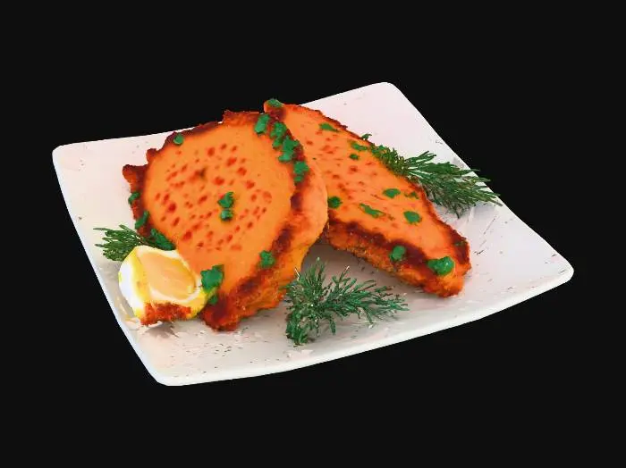 3D model for Hyper-realistic 3D food asset: 2–3 fried breaded cod fillets on a white square ceramic plate with subtle glossy glaze. Breading deep golden, crunchy, uneven panko-like crumb with tiny darker flecks, jagged crisp edges, light oil sheen. One fillet has a small flaked break revealing moist white cod inside (clean, appetizing). Garnish: chopped parsley + a few dill sprigs lightly scattered; lemon wedge in one corner with visible pulp and tiny droplets. Optional coarse salt crystals + cracked black pepper specks. Realism: ceramic reflections + micro-scratches, crumbs on plate, believable moisture/specular, ultra-detailed 8K textures. Scene: seamless white background, studio softbox key + fill + subtle rim, soft shadow under plate, shallow DOF look (85–100mm), no text/watermark/props.