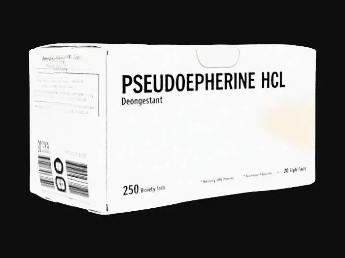 3D model for Hyper-realistic behind-the-counter decongestant medicine box labeled “PSEUDOEPHEDRINE HCl” (generic/unbranded). Standard small paperboard carton with crisp folds, top/bottom tuck flaps, side seam; slight shelf wear, corner crush, crease whitening, scuffs, dust. Label design: clean pharmacy style with bold drug name, “Nasal Decongestant” subtitle, strength placeholder (e.g., “30 mg” or “60 mg”), count (e.g., “24 tablets”), “Behind-the-counter / ID required” callout (generic), tamper-evident note, NDC-style placeholder code, lot/exp stamp, barcode, recycle icons, warning box microtext (placeholders). Include side panel “Drug Facts” layout (placeholder text blocks). Optional: partially open flap revealing a blister pack edge inside (no pills spilling). PBR-ready: clean UVs, hi-res print textu