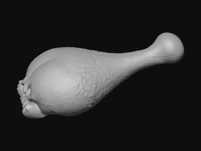 3D model for Hyper-realistic raw chicken drumstick (uncooked), single piece, no packaging. Natural shape with rounded meaty end and exposed bone nub at handle end. Skin: pale pink/beige with subtle yellow fat patches, fine pores/follicle bumps, slight translucency, tiny wrinkles and stretch lines, small bruising specks, moisture sheen with a few sticky glossy highlights. Include faint skin folds near joint, slight tendon texture, and minimal residual feather pin marks. Add a couple tiny fat droplets and a light wet sheen along the underside; no excessive blood. PBR-ready: clean UVs, hi-res textures, accurate subsurface scattering, roughness variation for wet skin, micro-normal for pores and wrinkles. Centered object-only asset, neutral studio lighting, soft contact shadow, no hands/props, no gore. Avoi
