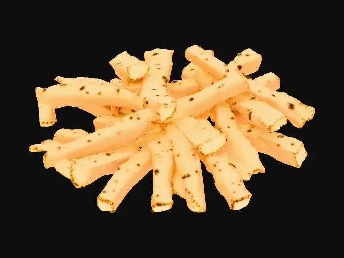 3D model for Hyper-realistic pile of uncooked French fries (raw potato sticks), object-only (no plate/bag). 30–60 fries scattered in a loose heap with natural overlap and compression; varied lengths and thickness, squared cut edges, a few slightly bent pieces. Surface: pale off-white to light yellow with subtle oxidation spots, faint moisture sheen, tiny starch dusting, micro nicks and cut marks, visible potato fiber grain. Include a few small potato crumbs and thin peel fragments mixed in. Add slight translucency at edges and soft matte-wet roughness variation. PBR-ready: clean UVs, hi-res textures, subtle subsurface scattering, micro-normal for cut-face pores and starch grain. Neutral studio lighting, centered asset, soft contact shadow, no background props. Avoid cartoon/low-poly, overly perfect uni
