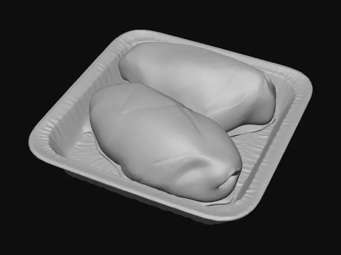 3D model for Hyper-realistic raw chicken breast tray pack (generic supermarket). White polystyrene foam tray with raised lip, absorbent pad, 2–3 chicken breasts with realistic moist sheen, pale pink variation. Tight clear cling film wrap: stretched, crinkled edges, seal wrinkles, tiny trapped air bubbles, slight condensation droplets, realistic glare/distortion. Front label sticker with placeholders: “PAUL-MART”, weight, price/lb, total price, packed-on/sell-by dates, safe handling box, barcode+QR (fake), lot code, small icons. Sticker edges slightly lifted, micro-wrinkles, adhesive bleed. Minor wear: fingerprints, dust specks, light tray scuffs. PBR-ready: clean UVs, hi-res textures, correct plastic transmission/roughness, foam microtexture, subsurface on meat. Neutral studio lighting, centered