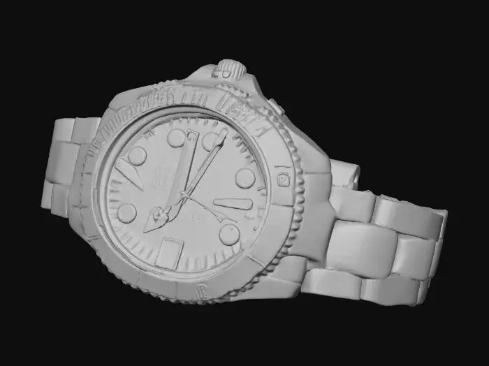 3D model for Hyper-realistic luxury stainless-steel diver wristwatch (generic, no logos), lying scrunched on a flat surface as if casually dropped. 40–42mm case: brushed steel with polished chamfers, screw-down crown, rotating timing bezel with engraved minute markers, sapphire crystal. Dial: black sunburst, applied luminous indices, 3 hands + date window; no brand text. Bracelet: solid steel links, partially folded/collapsed with irregular bends, slight twist, links stacked unevenly, natural gravity sag; clasp partly visible. Surface wear: micro-scratches, light desk scuffs, fingerprints, tiny dust, subtle edge nicks on bezel. PBR-ready: clean UVs, hi-res textures, correct metalness/roughness, crisp micro-bevels, realistic reflections. Neutral studio lighting, centered asset. Avoid brand marks or exac