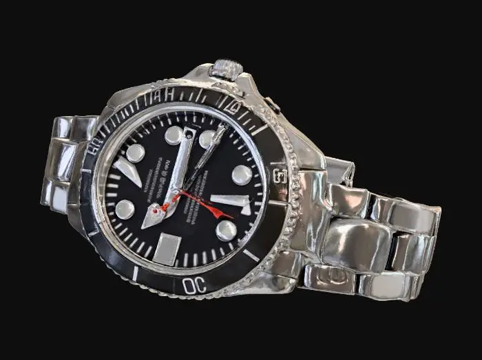 3D model for Hyper-realistic luxury stainless-steel diver wristwatch (generic, no logos), lying scrunched on a flat surface as if casually dropped. 40–42mm case: brushed steel with polished chamfers, screw-down crown, rotating timing bezel with engraved minute markers, sapphire crystal. Dial: black sunburst, applied luminous indices, 3 hands + date window; no brand text. Bracelet: solid steel links, partially folded/collapsed with irregular bends, slight twist, links stacked unevenly, natural gravity sag; clasp partly visible. Surface wear: micro-scratches, light desk scuffs, fingerprints, tiny dust, subtle edge nicks on bezel. PBR-ready: clean UVs, hi-res textures, correct metalness/roughness, crisp micro-bevels, realistic reflections. Neutral studio lighting, centered asset. Avoid brand marks or exac