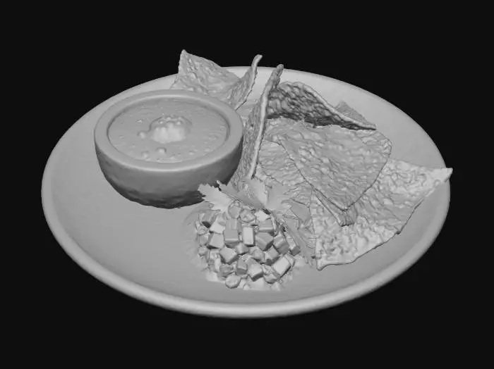 3D model for Hyper-realistic 3D asset: white ceramic plate (round or soft square-rounded), glossy glaze, subtle rim thickness, faint micro-scratches and tiny glaze imperfections. Left: tidy pile of 8–14 tortilla chips, irregular triangles, porous corn texture with blistered bubbles, toasted specks, tiny salt crystals, subtle oil sheen, crisp edges with micro-fractures; a few clean shards nearby. Right: chunky red salsa mound directly on plate (no bowl), thick heap with gentle slump, slight pooling edge, glossy wet sheen, diced tomato/onion/jalapeño visible, tiny air bubbles, occasional pepper seeds, realistic liquid separation at edges, micro droplets around mound; optional light cilantro flecks. Natural contact occlusion under chips and around salsa base, a few crumbs. PBR-ready: clean UVs, 8K texture