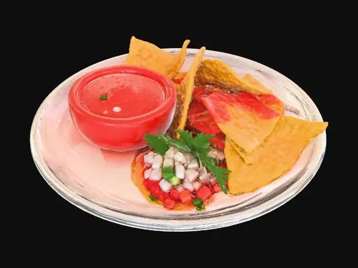3D model for Hyper-realistic 3D asset: white ceramic plate (round or soft square-rounded), glossy glaze, subtle rim thickness, faint micro-scratches and tiny glaze imperfections. Left: tidy pile of 8–14 tortilla chips, irregular triangles, porous corn texture with blistered bubbles, toasted specks, tiny salt crystals, subtle oil sheen, crisp edges with micro-fractures; a few clean shards nearby. Right: chunky red salsa mound directly on plate (no bowl), thick heap with gentle slump, slight pooling edge, glossy wet sheen, diced tomato/onion/jalapeño visible, tiny air bubbles, occasional pepper seeds, realistic liquid separation at edges, micro droplets around mound; optional light cilantro flecks. Natural contact occlusion under chips and around salsa base, a few crumbs. PBR-ready: clean UVs, 8K texture