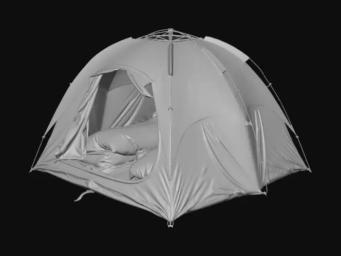 3D model for A hyper-realistic, 8k photoreal product shot of a fully assembled four-person geodesic camping tent.. Positioned at an optimal 3/4 front isometric angle, the deep forest green ripstop nylon rainfly is pulled taut by sleek, aerospace-grade aluminum poles. The front vestibule is flawlessly unzipped and rolled back to showcase the spacious interior, perfectly illuminated by a warm, hanging LED lantern. Inside, two plush, bright orange down sleeping bags rest perfectly flat on the clean nylon floor, alongside a highly detailed technical hiking backpack. Diffuse, ultra-bright studio lighting flawlessly highlights the micro-textures of the weather-resistant fabric, the heavy-duty zippers, and the fine mesh ventilation panels