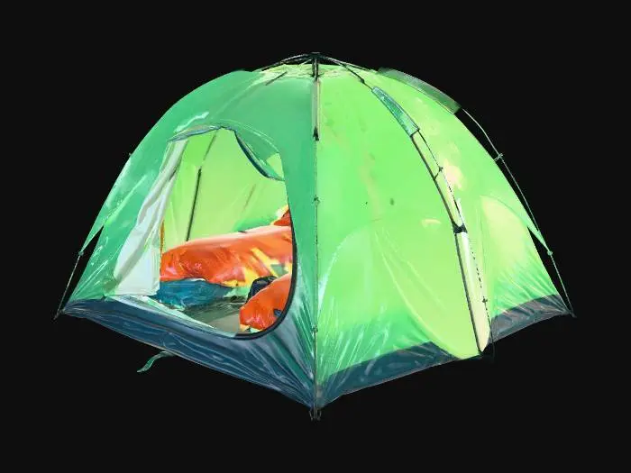 3D model for A hyper-realistic, 8k photoreal product shot of a fully assembled four-person geodesic camping tent.. Positioned at an optimal 3/4 front isometric angle, the deep forest green ripstop nylon rainfly is pulled taut by sleek, aerospace-grade aluminum poles. The front vestibule is flawlessly unzipped and rolled back to showcase the spacious interior, perfectly illuminated by a warm, hanging LED lantern. Inside, two plush, bright orange down sleeping bags rest perfectly flat on the clean nylon floor, alongside a highly detailed technical hiking backpack. Diffuse, ultra-bright studio lighting flawlessly highlights the micro-textures of the weather-resistant fabric, the heavy-duty zippers, and the fine mesh ventilation panels