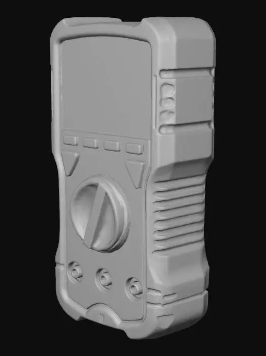 3D model for Hyper-realistic digital voltmeter / multimeter (unbranded). Rugged handheld body with rubber protective boot, matte plastic grain, subtle seams, screws, and minor scuffs. Large central rotary selector dial with knurled edge and crisp icons for V (AC/DC), Ω, continuity, diode, A/mA; dial pointer notch visible. Top LCD screen with clear lens, slight glare, readable digits (e.g., “0.00”) and small unit indicators. Front buttons: HOLD, RANGE, REL, backlight (generic). Bottom input jacks: COM, VΩ, mA/A with colored rings; include two test leads (red/black) plugged in, silicone cables coiled naturally with probe tips visible. Add light wear: micro-scratches on screen, fingerprints, dust in creases. PBR-ready: clean UVs, hi-res textures, accurate roughness/metalness for dial hardware, micro-norma