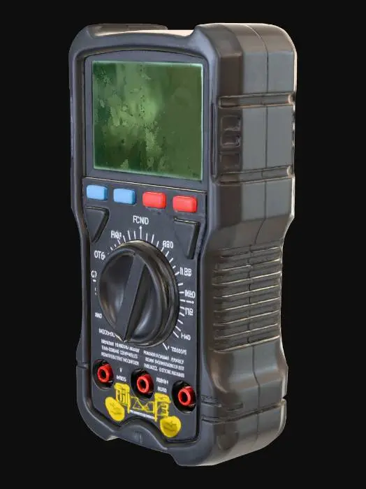 3D model for Hyper-realistic digital voltmeter / multimeter (unbranded). Rugged handheld body with rubber protective boot, matte plastic grain, subtle seams, screws, and minor scuffs. Large central rotary selector dial with knurled edge and crisp icons for V (AC/DC), Ω, continuity, diode, A/mA; dial pointer notch visible. Top LCD screen with clear lens, slight glare, readable digits (e.g., “0.00”) and small unit indicators. Front buttons: HOLD, RANGE, REL, backlight (generic). Bottom input jacks: COM, VΩ, mA/A with colored rings; include two test leads (red/black) plugged in, silicone cables coiled naturally with probe tips visible. Add light wear: micro-scratches on screen, fingerprints, dust in creases. PBR-ready: clean UVs, hi-res textures, accurate roughness/metalness for dial hardware, micro-norma