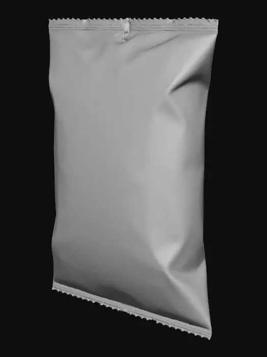 3D model for Hyper-realistic breading mix packet for frying (generic/unbranded). Flat foil sachet, rectangular with crimped heat-sealed edges, slight puffiness, deep crinkles, fold lines, tiny corner pinches, tear notch. Metallized film with realistic glare, micro-scratches, fingerprints, dust specks. Front design: warm golden palette with appetizing photo of crispy fried chicken, bold text “CRISPY FRY BREADING”, “SEASONED COATING MIX”, “JUST ADD WATER/EGG” badge (generic), net wt placeholder, small icons. Back: readable microtext placeholders for ingredients, nutrition facts, directions, barcode/QR (fake), recycle icons, lot/exp inkjet stamp; seam overlap, subtle print grain, minor ink rub on creases. Add light powder residue at one sealed edge. PBR-ready: clean UVs, hi-res textures, accurate foil rou