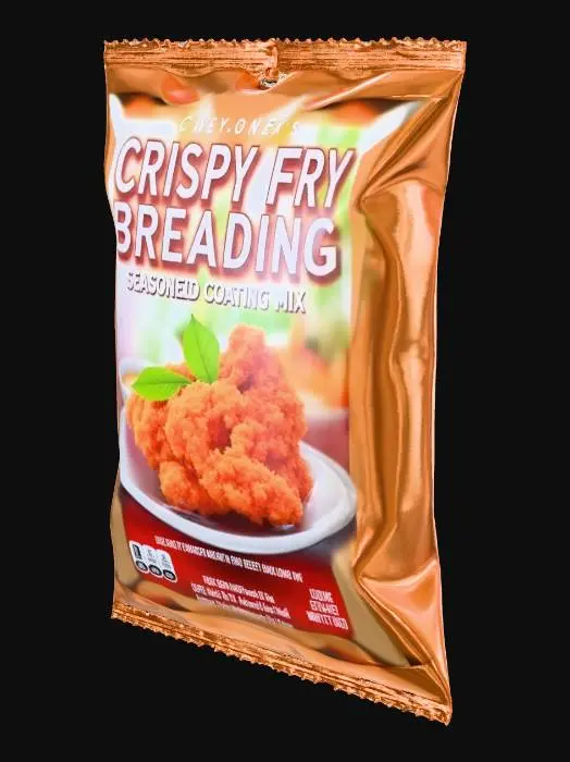 3D model for Hyper-realistic breading mix packet for frying (generic/unbranded). Flat foil sachet, rectangular with crimped heat-sealed edges, slight puffiness, deep crinkles, fold lines, tiny corner pinches, tear notch. Metallized film with realistic glare, micro-scratches, fingerprints, dust specks. Front design: warm golden palette with appetizing photo of crispy fried chicken, bold text “CRISPY FRY BREADING”, “SEASONED COATING MIX”, “JUST ADD WATER/EGG” badge (generic), net wt placeholder, small icons. Back: readable microtext placeholders for ingredients, nutrition facts, directions, barcode/QR (fake), recycle icons, lot/exp inkjet stamp; seam overlap, subtle print grain, minor ink rub on creases. Add light powder residue at one sealed edge. PBR-ready: clean UVs, hi-res textures, accurate foil rou