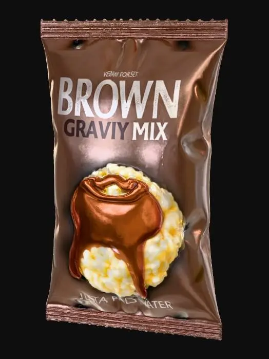 3D model for Hyper-realistic brown gravy mix packet (generic/unbranded). Small flat foil sachet, rectangular with crimped heat-sealed edges, slight puffiness, deep crinkles, fold lines, tiny pinches at corners, tear notch. Metallized film with realistic glare, micro-scratches, fingerprints, dust specks. Front design: warm brown palette with appetizing gravy photo over mashed potatoes, bold text “BROWN GRAVY MIX”, “JUST ADD WATER” badge, net wt placeholder, small icons. Back: readable microtext blocks (placeholders) for ingredients, nutrition facts, directions, barcode/QR (fake), recycle icons, lot/exp inkjet stamp; seam overlap, subtle print grain and minor ink rub on creases. PBR-ready: clean UVs, hi-res textures, accurate foil roughness/specular, micro-normal for wrinkles. Centered asset, neutral stu