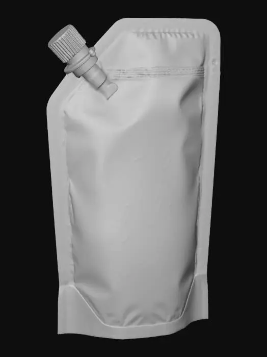 3D model for Hyper-realistic foil juice pouch (CapriSun-style) but original/unbranded. Small rectangular pouch with rounded corners, bottom gusset, heat-sealed edges, straw hole + perforation mark, slight puffiness, deep crinkles, micro-scratches, fingerprints, dust specks, realistic metallic glare. Front: pun name “CAPRI-FUN” in bold bubbly kid-friendly lettering. Mascot: cute smiling fruit character (original)—pineapple with sunglasses (or strawberry astronaut) waving with tiny stars/splashes. Bright playful palette, large flavor badge “Tropical Punch” (or “Fruit Blast”), “Vitamin C” callout (generic), net contents, small icons. Back: nutrition/ingredients placeholders, barcode, recycle marks, lot/exp stamp; seam overlap, print grain. Optional bendy straw wrapper attached to back. PBR-ready: clean UV