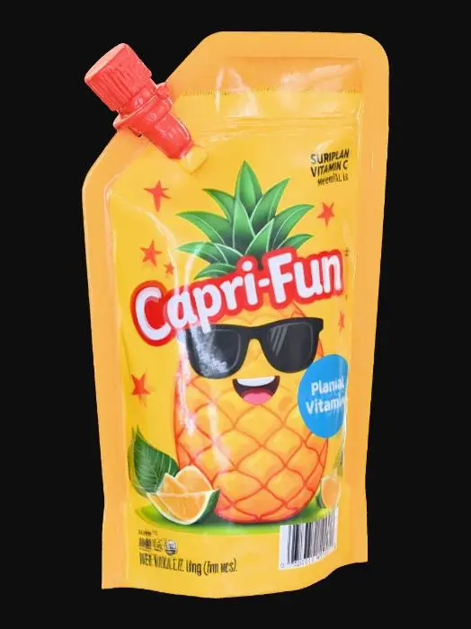 3D model for Hyper-realistic foil juice pouch (CapriSun-style) but original/unbranded. Small rectangular pouch with rounded corners, bottom gusset, heat-sealed edges, straw hole + perforation mark, slight puffiness, deep crinkles, micro-scratches, fingerprints, dust specks, realistic metallic glare. Front: pun name “CAPRI-FUN” in bold bubbly kid-friendly lettering. Mascot: cute smiling fruit character (original)—pineapple with sunglasses (or strawberry astronaut) waving with tiny stars/splashes. Bright playful palette, large flavor badge “Tropical Punch” (or “Fruit Blast”), “Vitamin C” callout (generic), net contents, small icons. Back: nutrition/ingredients placeholders, barcode, recycle marks, lot/exp stamp; seam overlap, print grain. Optional bendy straw wrapper attached to back. PBR-ready: clean UV