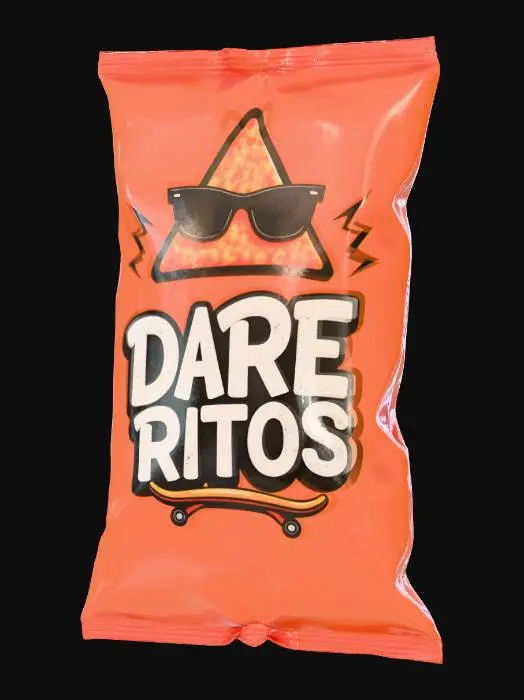 3D model for Hyper-realistic crinkled foil snack bag of tortilla chips (parody), do NOT match Doritos trade dress. Pun name: “DARE-RITOS” in bold custom lettering (original font). Mascot: cool triangle chip character wearing sunglasses, holding a skateboard, with tiny lightning bolts. Metallized plastic film bag with heat-sealed top/bottom, side gussets, tear notch, slight puffiness, deep wrinkles, micro-scratches, fingerprints, dust specks, realistic glare/reflections. Front: original chip illustration + flavor badge “Spicy Lime Crunch”, net wt, small icons. Back: placeholder nutrition facts + ingredients, barcode, recycle marks, lot/exp stamp; subtle print grain, seam overlap, minor rub-wear on creases. PBR-ready: clean UVs, hi-res textures, accurate plastic roughness/specular, micro-normal for wrink