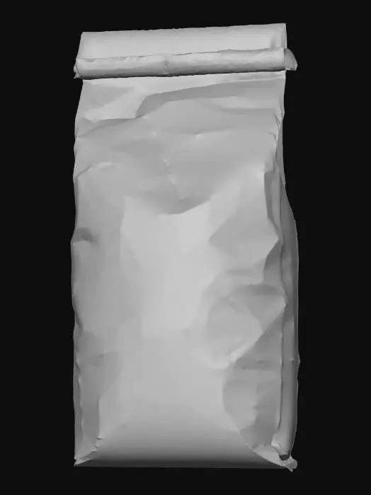 3D model for Hyper-realistic paper flour bag (5 lb), upright with slight slouch, creased folds, gusseted sides, stitched/heat-sealed top seam. Kraft paper texture with visible fibers, flour dusting near base, minor scuffs, crease whitening, tiny corner tears. Front branding: pun name “FLOUR POWER” in bold playful lettering. Mascot: fun original character—smiling flour cloud/bag with chef hat, tiny arms, tossing a pinch of flour like confetti. Palette: warm cream + wheat tan with one bright accent; small wheat icons and swirl patterns. Add packaging details: “ALL-PURPOSE FLOUR”, net wt, baking icons, nutrition facts, ingredients (placeholder), barcode, recycle icons, lot/exp stamp. Print: subtle halftone grain, slight ink rub along creases, seam overlap. PBR-ready: clean UVs, hi-res textures, accurate p