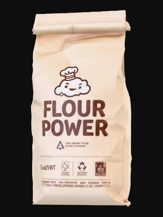 3D model for Hyper-realistic paper flour bag (5 lb), upright with slight slouch, creased folds, gusseted sides, stitched/heat-sealed top seam. Kraft paper texture with visible fibers, flour dusting near base, minor scuffs, crease whitening, tiny corner tears. Front branding: pun name “FLOUR POWER” in bold playful lettering. Mascot: fun original character—smiling flour cloud/bag with chef hat, tiny arms, tossing a pinch of flour like confetti. Palette: warm cream + wheat tan with one bright accent; small wheat icons and swirl patterns. Add packaging details: “ALL-PURPOSE FLOUR”, net wt, baking icons, nutrition facts, ingredients (placeholder), barcode, recycle icons, lot/exp stamp. Print: subtle halftone grain, slight ink rub along creases, seam overlap. PBR-ready: clean UVs, hi-res textures, accurate p