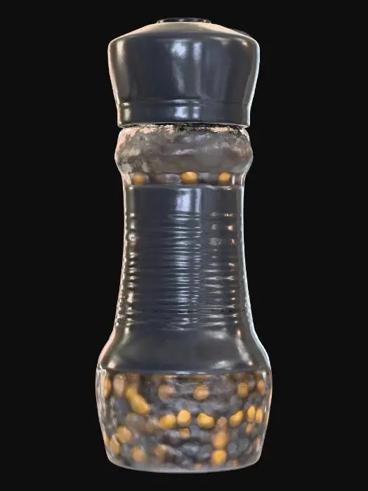 3D model for Hyper-realistic black pepper container (generic). Clear PET or glass shaker with ribbed grip, rounded shoulders, visible pepper granules inside. Flip-top shaker lid (matte black) with pour holes, subtle seams, tiny scuffs. Branding: pun name “PEPPER PALS” in bold playful type. Mascot: fun original character—smiling peppercorn with tiny arms/legs, wearing sunglasses and holding a mini grinder. Label: semi-gloss wrap with seam overlap, slight wrinkles, print grain; front text “GROUND BLACK PEPPER”, net wt (placeholder). Side/back: ingredient placeholder, barcode, recycle icons, lot/exp stamp, small usage icons. Add realism: micro-scratches, fingerprints, dust specks, light label edge lift. PBR-ready: clean UVs, hi-res textures, accurate glass/plastic roughn