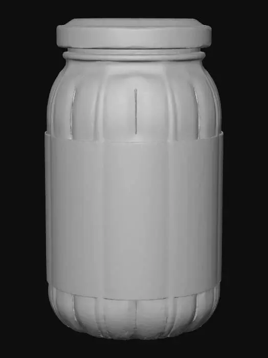 3D model for Hyper-realistic glass jar of grape jelly branded “SUCKER’S” (original design—do NOT match any real brand trade dress). Clear thick glass pantry jar with vertical ribs, subtle mold seam, rounded shoulders, wide mouth. Metal twist-off lid (deep purple) with knurled edge, tiny scuffs/micro-scratches. Inside: dark purple grape jelly with realistic translucency, meniscus, a few tiny bubbles, faint smear near inner rim. Full-wrap semi-gloss paper label with visible fibers, seam overlap, slight wrinkles. Front: bold “SUCKER’S” wordmark (playful retro serif), grape cluster illustration, “GRAPE JELLY”, net wt, small flavor notes. Add readable microtext blocks: nutrition facts, ingredients (placeholder), barcode, recycle icons, lot/exp inkjet stamp. Minor shelf wear: edge lift, print rub on corners,