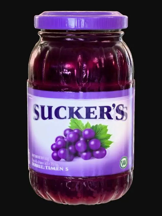 3D model for Hyper-realistic glass jar of grape jelly branded “SUCKER’S” (original design—do NOT match any real brand trade dress). Clear thick glass pantry jar with vertical ribs, subtle mold seam, rounded shoulders, wide mouth. Metal twist-off lid (deep purple) with knurled edge, tiny scuffs/micro-scratches. Inside: dark purple grape jelly with realistic translucency, meniscus, a few tiny bubbles, faint smear near inner rim. Full-wrap semi-gloss paper label with visible fibers, seam overlap, slight wrinkles. Front: bold “SUCKER’S” wordmark (playful retro serif), grape cluster illustration, “GRAPE JELLY”, net wt, small flavor notes. Add readable microtext blocks: nutrition facts, ingredients (placeholder), barcode, recycle icons, lot/exp inkjet stamp. Minor shelf wear: edge lift, print rub on corners,