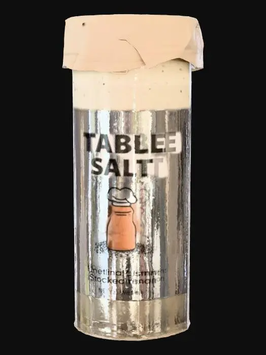 3D model for Hyper-realistic table salt container (cylindrical paperboard canister or plastic shaker), unbranded. Accurate lid: flip-top pour spout or snap cap with shaker holes; subtle molding seams, tiny scuffs. Body: matte paper label with clean grocery styling—large text “TABLE SALT”, “IODIZED” (optional), net wt, nutrition/ingredients (placeholder), barcode, recycle icons, lot/exp stamp. Front mascot: fun original salt character—cute salt shaker with a smiling face, tiny arms, and a little chef hat, surrounded by small salt crystals; bright but simple vector art. Add realistic wear: label seam overlap, slight wrinkles, crease whitening, light dirt at base, fingerprints, dust specks. PBR-ready: clean UVs, hi-res textures, accurate roughness for paper/plastic, micro-normal for fibers and lid texture