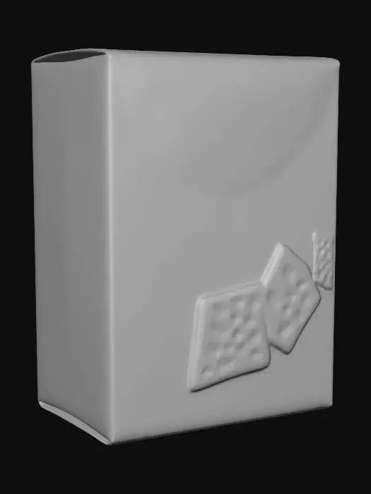 3D model for Hyper-realistic box of saltine crackers (generic/unbranded). Standard paperboard carton with crisp edges, top tuck flap, side seam, slight bow from handling. Print design: clean grocery style—light cream background with blue accents, large text “SALTINE CRACKERS”, small wheat icon, “NET WT 16 OZ (454 g)” (or similar), freshness seal graphic, serving suggestion photo of stacked crackers. Include detailed panels: nutrition facts, ingredients, barcode, recycle icons, lot/exp inkjet stamp, small legal microtext. Cardboard material: matte coated paper with visible fibers, subtle print grain/halftone, crease whitening on folds, minor corner crush, scuffs, tiny moisture spots. Optional: a small top gap revealing inner plastic sleeve edge (no brand). PBR-ready: clean UVs, hi-res textures, accurate