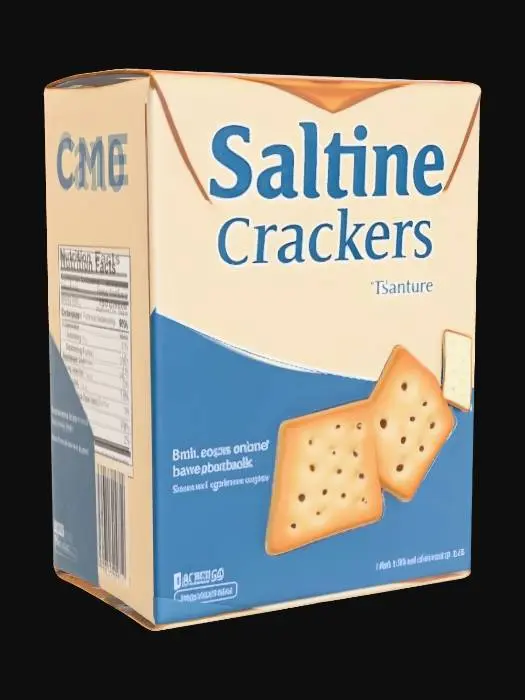 3D model for Hyper-realistic box of saltine crackers (generic/unbranded). Standard paperboard carton with crisp edges, top tuck flap, side seam, slight bow from handling. Print design: clean grocery style—light cream background with blue accents, large text “SALTINE CRACKERS”, small wheat icon, “NET WT 16 OZ (454 g)” (or similar), freshness seal graphic, serving suggestion photo of stacked crackers. Include detailed panels: nutrition facts, ingredients, barcode, recycle icons, lot/exp inkjet stamp, small legal microtext. Cardboard material: matte coated paper with visible fibers, subtle print grain/halftone, crease whitening on folds, minor corner crush, scuffs, tiny moisture spots. Optional: a small top gap revealing inner plastic sleeve edge (no brand). PBR-ready: clean UVs, hi-res textures, accurate