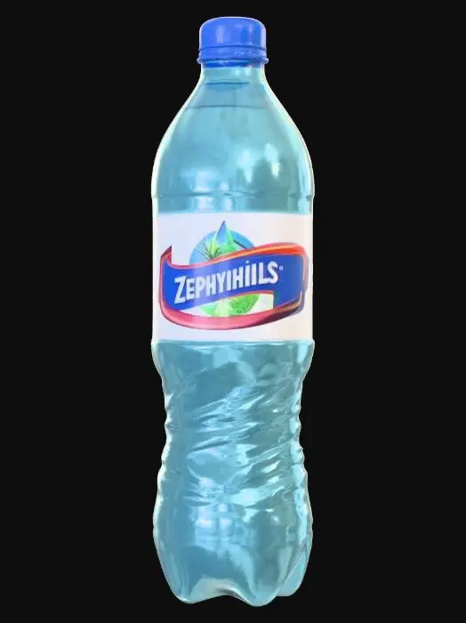 3D model for Hyper-realistic Zephyrhills® Florida Spring Water single-serve bottle (16.9 fl oz / 500 mL; “16 oz” size). Clear PET bottle with faceted shoulders, ribbed grip rings, slight waist pinch, petaloid base. Blue tamper-evident cap + ring. Thin clear/printed wrap label: crisp ZEPHYRHILLS logo, blue/green palette, spring imagery, “100% Natural Spring Water / Florida Spring Water”, volume text, barcode, recycling symbols, fine microtext + lot/exp inkjet stamp. Add subtle condensation droplets, light scuffs, micro-scratches, label seam overlap + slight wrinkles. PBR-ready: clean UVs, high-res textures, accurate roughness/transmission. Avoid low-poly, blurry label text, wrong colors, props/hands, background scene. Negative: cartoon, low-res, warped geometry, watermarks.