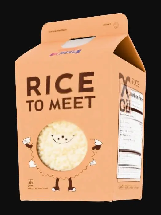3D model for Hyper-realistic box of rice (generic). Paperboard carton upright with tuck-top flap and side seam; slight bow, corner crush, crease whitening, scuffs, dust, subtle print grain/halftone. Branding: pun name “RICE TO MEET YOU” in bold friendly type. Mascot: funny rice grain character with a bowtie, wide grin, tiny arms waving; small rice bowl sidekick. Front text: “LONG GRAIN WHITE RICE” (or “JASMINE”), net wt placeholder, “Fluffy & Easy” badge, simple cooking icons. Side/back panels: nutrition facts (placeholder), ingredients (placeholder), cooking directions, barcode, recycle icons, lot/exp inkjet stamp; seam overlap, slight label wrinkles, minor ink rub on edges. Optional die-cut window showing rice grains inside (or printed photo). PBR-ready: clean UVs, hi-res textures, accurate cardboard